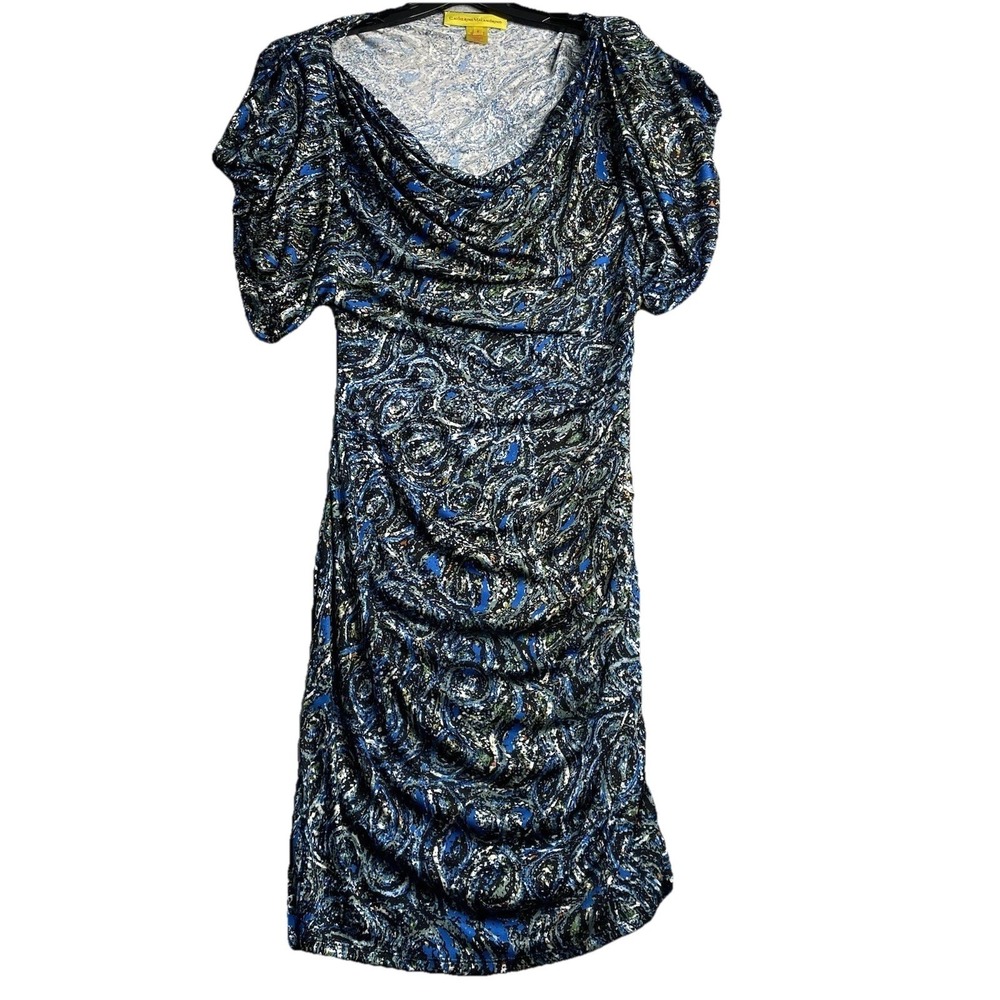 Catherine Malandrino Dress Women's‎ Small 100% Silk Blue Abstract Cowl Neck